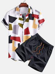 Geometrisk färgblocktryckt skjorta och badshorts
