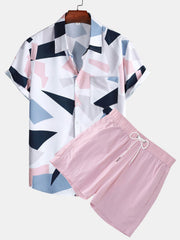 Skjorta med knapptryckning med geometriskt tryck med ficka och korta badshorts
