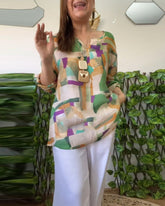 Färgblock patchwork V-ringad casual topp