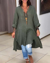 Lång topp i bomull och linne med oregelbunden fåll