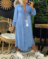 Enfärgad Denimklänning för kvinnor med lång ärm