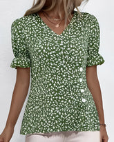 V-ringad blommig kort ärmad blus