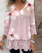 Topp med blommönster med spetssömmar