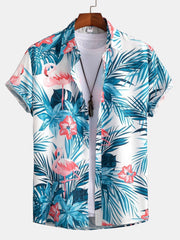 Flamingo Tropical Print Button Up-skjorta och badshorts