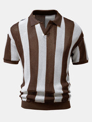 V Neck Striped Knit Polo Shirt