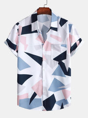 Skjorta med knapptryckning med geometriskt tryck med ficka och korta badshorts