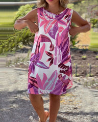 Bladtryckt Ärmlös Klänning med rund hals