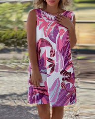 Bladtryckt Ärmlös Klänning med rund hals