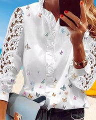 Blus med spetsar med patchworktryck