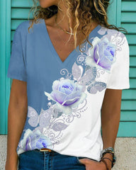 Blommor tryck V-hals t-shirt