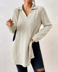Ribbstickad enfärgad lapel topp