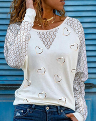 Långärmad Topp med Hjärttryck och Spetspanel