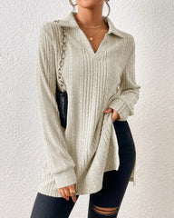 Ribbstickad enfärgad lapel topp