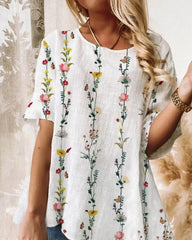 Topp med rund hals i blommönster