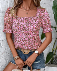Kort ärmad blommönstrad Blus med fyrkantig hals