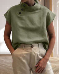 Topp med knappar och stativkrage i bomull och linne