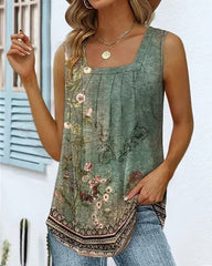 Blommigt linne med fyrkantig hals