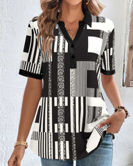 Färgblocks Blus med v-ringning