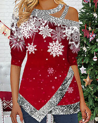 Topp med snöflingor och asymmetrisk fåll