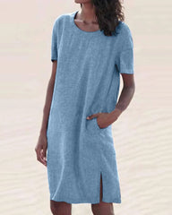 Bomullslinne Klänning med rund hals