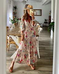 Blommönstrad V-ringad Maxiklänning