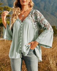Långärmad Enfärgad Blus med Spetspanel