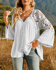 Långärmad Enfärgad Blus med Spetspanel