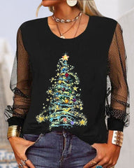 Topp med rund hals och julgranstryck