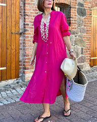 V-ringad Klänning i enfärgad bomull och linne