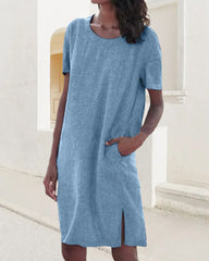 Bomullslinne Klänning med rund hals