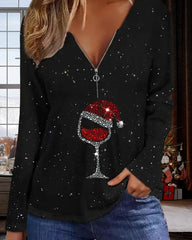 Långärmad jultopp med vinglastryck