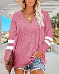 V-ringad långärmad lös dam T-shirt