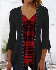 Blus med rutig panel och utsvängda ärmar