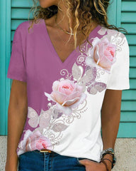 Blommor tryck V-hals t-shirt