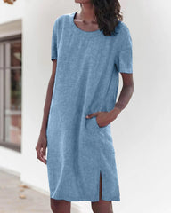 Bomullslinne Klänning med rund hals