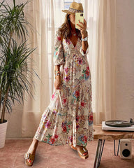 Blommönstrad V-ringad Maxiklänning