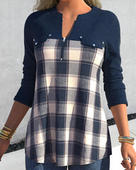 Marinblå långärmad topp med rutigt tryck