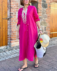 V-ringad Klänning i enfärgad bomull och linne