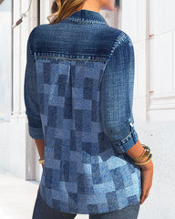 Långärmad blus med jeanseffekttryck