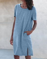 Bomullslinne Klänning med rund hals