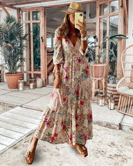 Blommönstrad V-ringad Maxiklänning