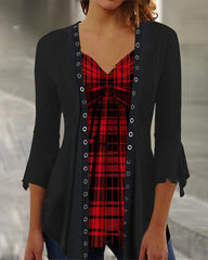 Blus med rutig panel och utsvängda ärmar