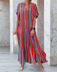 Färgglad V-ringad klänning med randigt tryck