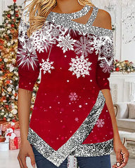 Topp med snöflingor och asymmetrisk fåll