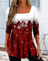 Topp med snöflinga tryck och fyrkantig hals