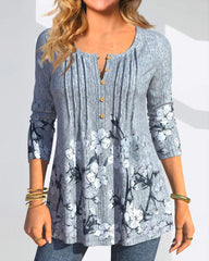 Blommig casual bluse med tryck och knappar