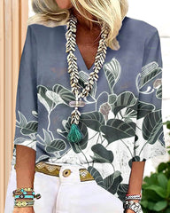 Tryckt V-ringad blus med 3/4 ärmar