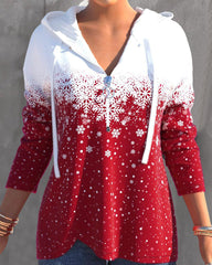 Långärmad luvtröja med dragkedja och julsnöflinga tryck