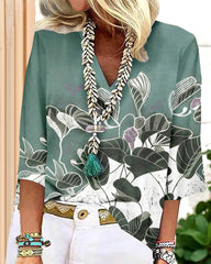 Tryckt V-ringad blus med 3/4 ärmar