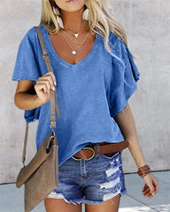 Enfärgad T-shirt med volangärmar